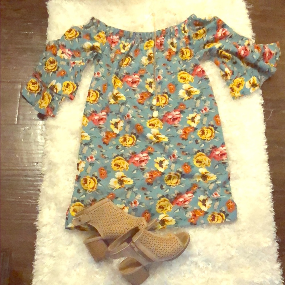 Off the shoulder floral dress.